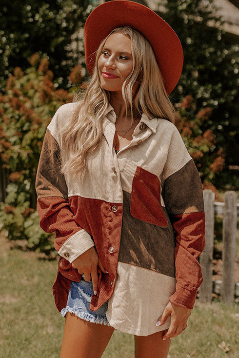 Colorblock Curved Hem Corduroy Shacket with Pocket